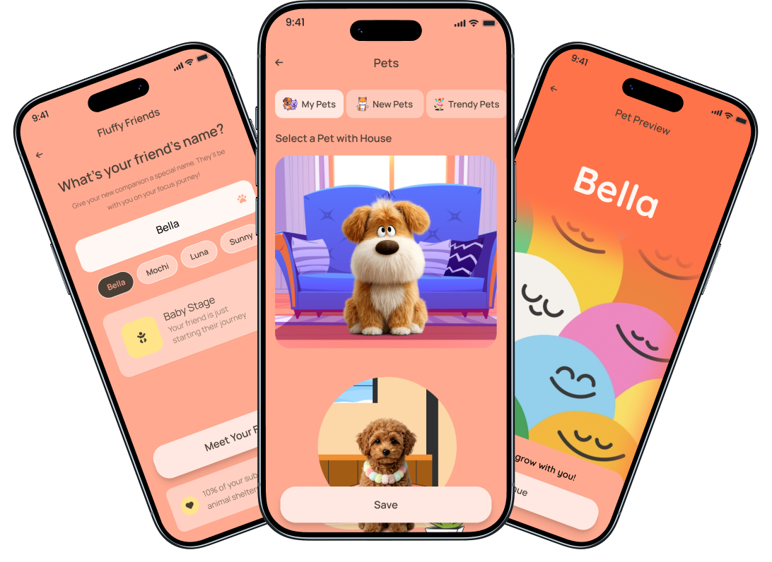 Fluffy's Friend app screens